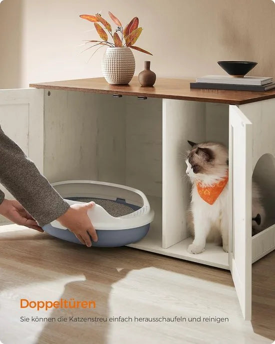 Furnstar Kattenhuis - Kattenbakkast met uitneembare scheidingswand - Tafel - 80 x 53 x 50 cm - Honingbruin-Vintage Wit