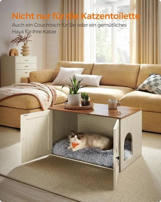 Furnstar Kattenhuis - Kattenbakkast met uitneembare scheidingswand - Tafel - 80 x 53 x 50 cm - Honingbruin-Vintage Wit