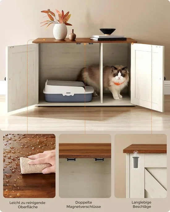 Furnstar Kattenhuis - Kattenbakkast met uitneembare scheidingswand - Tafel - 80 x 53 x 50 cm - Honingbruin-Vintage Wit