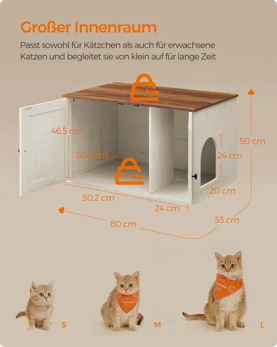 Furnstar Kattenhuis - Kattenbakkast met uitneembare scheidingswand - Tafel - 80 x 53 x 50 cm - Honingbruin-Vintage Wit