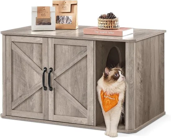 Furnstar Kattenhuis - Moderne kattenbakkast met vooringang - Dubbele deur en handgrepen - Als dressoir - 85 x 48,5 x 50 cm - Wolkenwit – Grijs gemêleerd