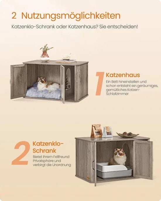 Furnstar Kattenhuis - Moderne kattenbakkast met vooringang - Dubbele deur en handgrepen - Als dressoir - 85 x 48,5 x 50 cm - Grijs gemêleerd