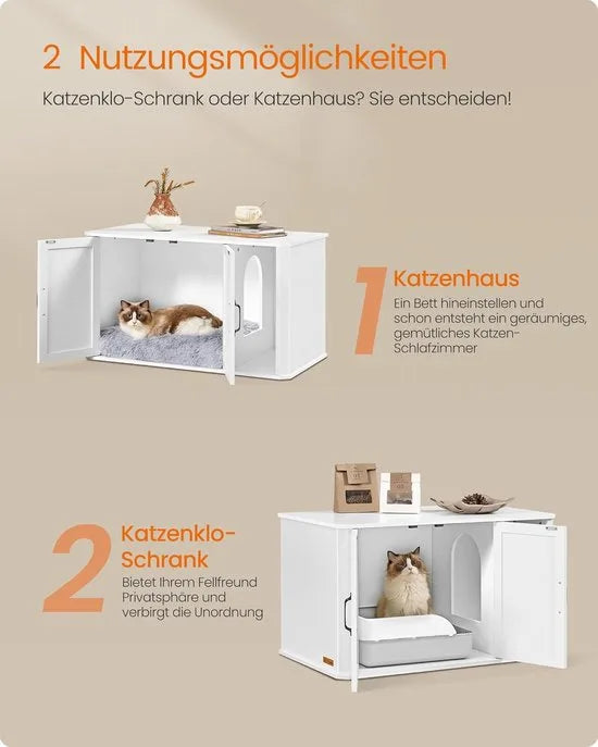 Furnstar Kattenhuis - Moderne kattenbakkast met vooringang - Dubbele deur en handgrepen - Als dressoir - 85 x 48,5 x 50 cm - Wolkenwit