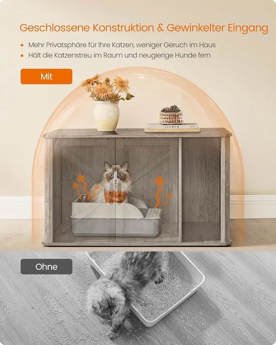 Furnstar Kattenhuis - Moderne kattenbakkast met vooringang - Dubbele deur en handgrepen - Als dressoir - 85 x 48,5 x 50 cm - Grijs gemêleerd