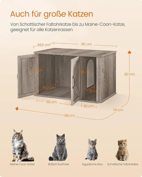 Furnstar Kattenhuis - Moderne kattenbakkast met vooringang - Dubbele deur en handgrepen - Als dressoir - 85 x 48,5 x 50 cm - Grijs gemêleerd