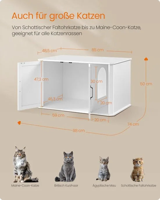 Furnstar Kattenhuis - Moderne kattenbakkast met vooringang - Dubbele deur en handgrepen - Als dressoir - 85 x 48,5 x 50 cm - Wolkenwit