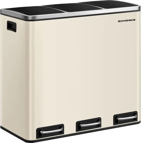 FurnStar Keuken Vuilnisbak- 3 x 18L Recyclingbak - Vuilnisbak met 3 compartimenten voor recycling - Afval, Voedselresten - Soft-Close Deksels, Pedalen, Binnenemmers, Staal - Zandbeige