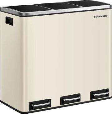 FurnStar Keuken Vuilnisbak- 3 x 18L Recyclingbak - Vuilnisbak met 3 compartimenten voor recycling - Afval, Voedselresten - Soft-Close Deksels, Pedalen, Binnenemmers, Staal - Zandbeige