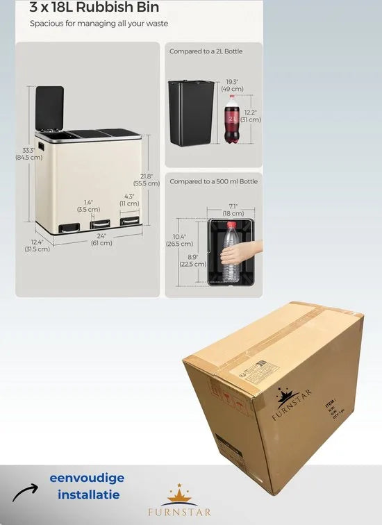FurnStar Keuken Vuilnisbak- 3 x 18L Recyclingbak - Vuilnisbak met 3 compartimenten voor recycling - Afval, Voedselresten - Soft-Close Deksels, Pedalen, Binnenemmers, Staal - Zandbeige