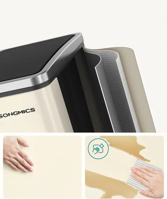FurnStar Keuken Vuilnisbak- 3 x 18L Recyclingbak - Vuilnisbak met 3 compartimenten voor recycling - Afval, Voedselresten - Soft-Close Deksels, Pedalen, Binnenemmers, Staal - Zandbeige – Zand beige Model 1