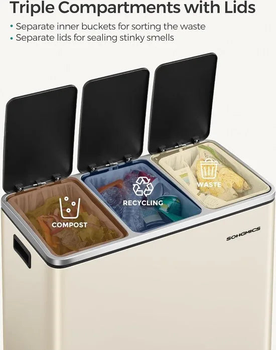 FurnStar Keuken Vuilnisbak- 3 x 18L Recyclingbak - Vuilnisbak met 3 compartimenten voor recycling - Afval, Voedselresten - Soft-Close Deksels, Pedalen, Binnenemmers, Staal - Zandbeige