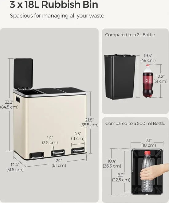 FurnStar Keuken Vuilnisbak- 3 x 18L Recyclingbak - Vuilnisbak met 3 compartimenten voor recycling - Afval, Voedselresten - Soft-Close Deksels, Pedalen, Binnenemmers, Staal - Zandbeige