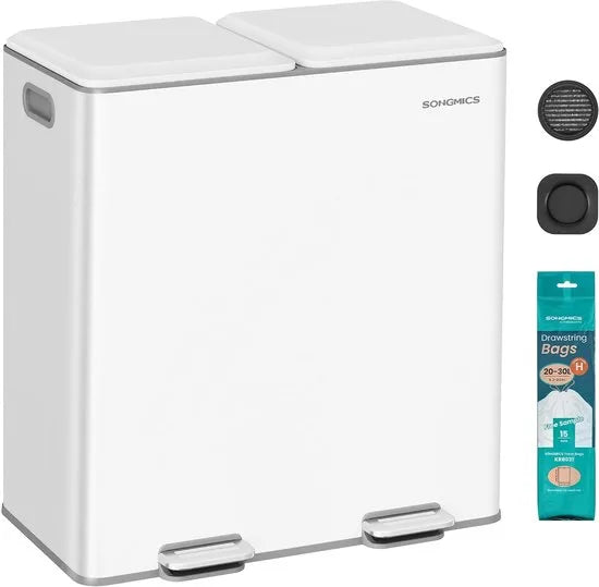 Furnstar Keuken Vuilnisemmer – 2 x 30L – Dubbele Prullenbak voor Afval & Recycling – Soft-Close Deksel – Uitneembare Binnenemmers – Pedaal – Staal – Wolkenwit