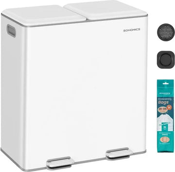 Furnstar Keuken Vuilnisemmer – 2 x 30L – Dubbele Prullenbak voor Afval & Recycling – Soft-Close Deksel – Uitneembare Binnenemmers – Pedaal – Staal – Wolkenwit