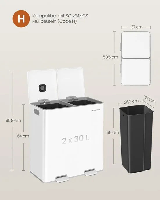 Furnstar Keuken Vuilnisemmer – 2 x 30L – Dubbele Prullenbak voor Afval & Recycling – Soft-Close Deksel – Uitneembare Binnenemmers – Pedaal – Staal – Wolkenwit