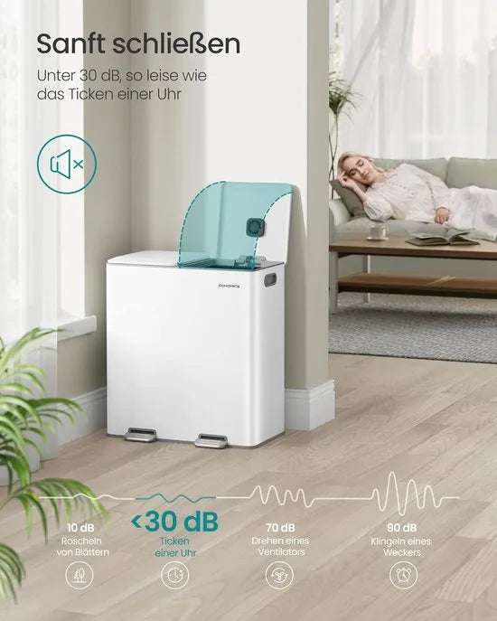 Furnstar Keuken Vuilnisemmer – 2 x 30L – Dubbele Prullenbak voor Afval & Recycling – Soft-Close Deksel – Uitneembare Binnenemmers – Pedaal – Staal – Wolkenwit