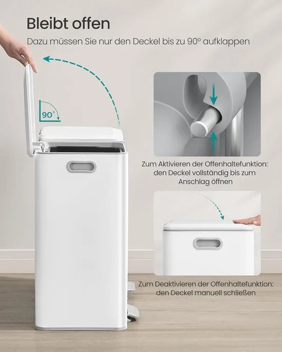 Furnstar Keuken Vuilnisemmer – 2 x 30L – Dubbele Prullenbak voor Afval & Recycling – Soft-Close Deksel – Uitneembare Binnenemmers – Pedaal – Staal – Wolkenwit