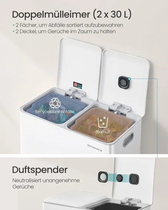 Furnstar Keuken Vuilnisemmer – 2 x 30L – Dubbele Prullenbak voor Afval & Recycling – Soft-Close Deksel – Uitneembare Binnenemmers – Pedaal – Staal – Wolkenwit