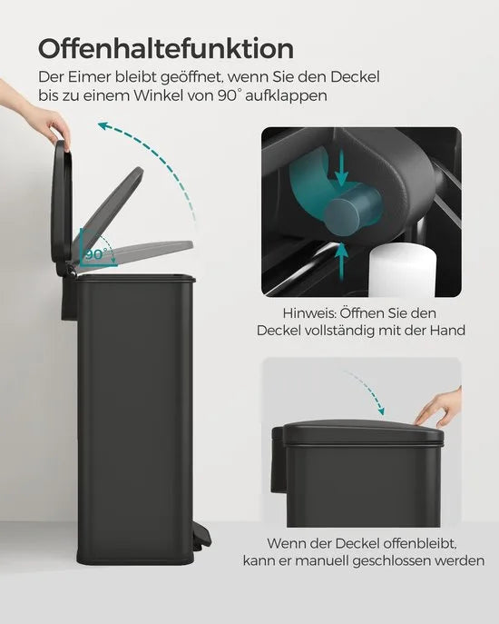FurnStar – Keukenpedaalemmer 40L – Grote Afvalbak met Soft-Close Deksel – Staal – Inclusief 15 Vuilniszakken– 34,8 x 32,1 x 55,7 cm – Zwart