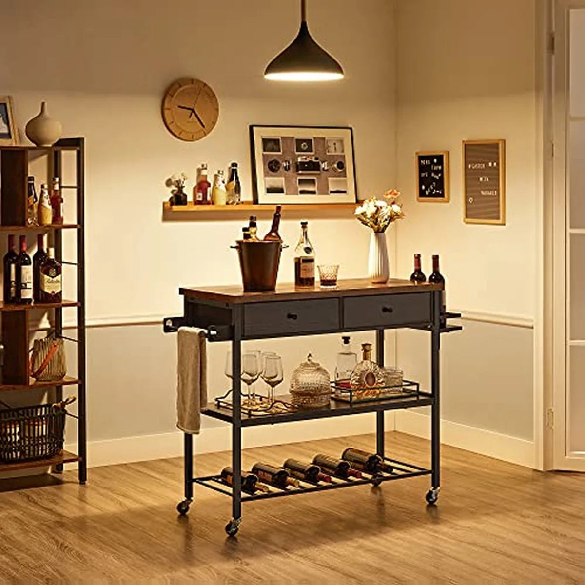 FurnStar - Keukenplank - Keukentrolley -Multifunctioneel Plank - Keukeneiland met 3 Planken en 2 Laden - Handdoekhouder -Kruidenhouder- 119 x 45 x 91 cm- Vintage Bruin-Zwart