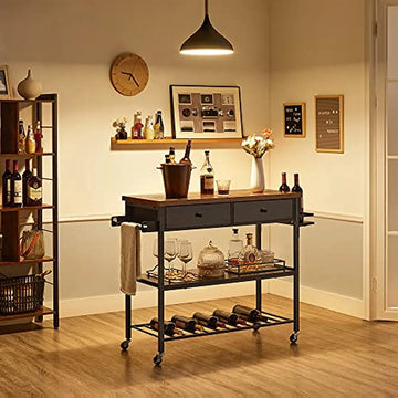 FurnStar - Keukenplank - Keukentrolley -Multifunctioneel Plank - Keukeneiland met 3 Planken en 2 Laden - Handdoekhouder -Kruidenhouder- 119 x 45 x 91 cm- Vintage Bruin-Zwart