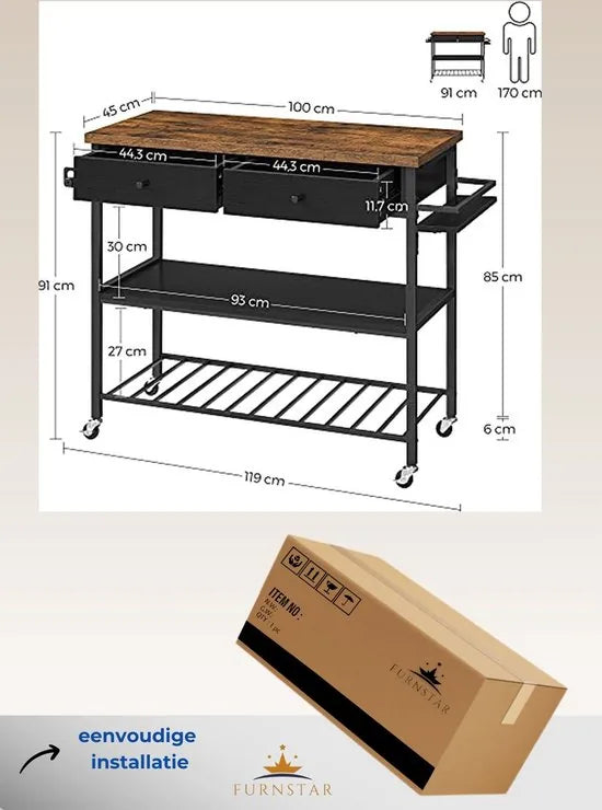 FurnStar - Keukenplank - Keukentrolley -Multifunctioneel Plank - Keukeneiland met 3 Planken en 2 Laden - Handdoekhouder -Kruidenhouder- 119 x 45 x 91 cm- Vintage Bruin-Zwart