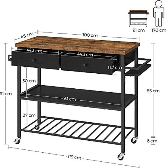 FurnStar - Keukenplank - Keukentrolley -Multifunctioneel Plank - Keukeneiland met 3 Planken en 2 Laden - Handdoekhouder -Kruidenhouder- 119 x 45 x 91 cm- Vintage Bruin-Zwart