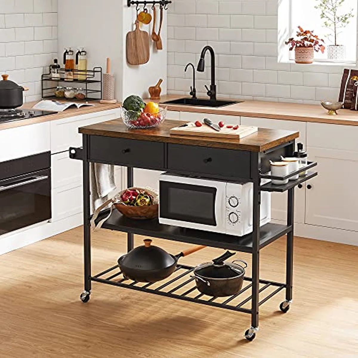 FurnStar - Keukenplank - Keukentrolley -Multifunctioneel Plank - Keukeneiland met 3 Planken en 2 Laden - Handdoekhouder -Kruidenhouder- 119 x 45 x 91 cm- Vintage Bruin-Zwart