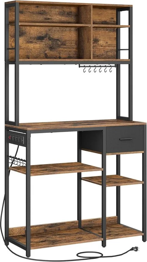 FurnStar - Keukenplank met stopcontacten - Staande plank - Magnetronplank - Verstelbare planken - Stoffen lade 12 haken - 40 x 100 x 180 cm - Magnetron Keuken - Vintage Bruin - Inkt Zwart