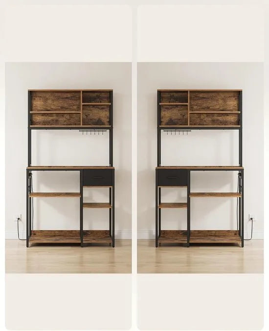 FurnStar - Keukenplank met stopcontacten - Staande plank - Magnetronplank - Verstelbare planken - Stoffen lade 12 haken - 40 x 100 x 180 cm - Magnetron Keuken - Vintage Bruin - Inkt Zwart