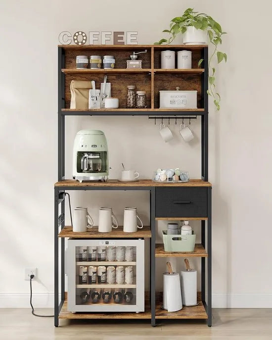 FurnStar - Keukenplank met stopcontacten - Staande plank - Magnetronplank - Verstelbare planken - Stoffen lade 12 haken - 40 x 100 x 180 cm - Magnetron Keuken - Vintage Bruin - Inkt Zwart