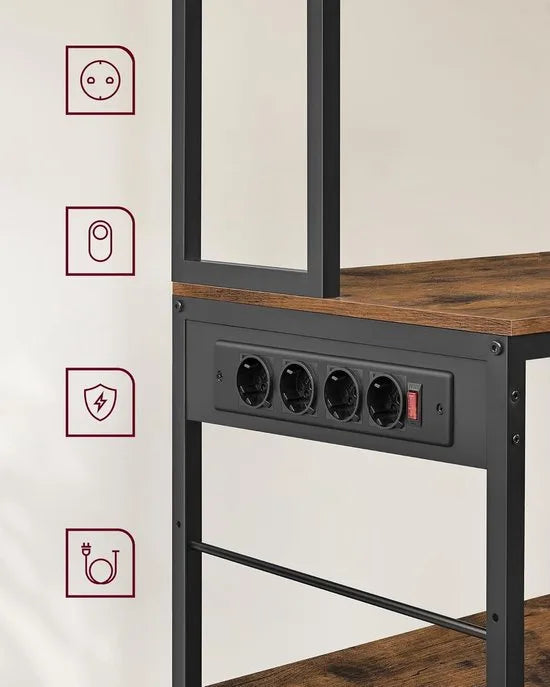 FurnStar - Keukenplank met stopcontacten - Staande plank - Magnetronplank - Verstelbare planken - Stoffen lade 12 haken - 40 x 100 x 180 cm - Magnetron Keuken - Vintage Bruin - Inkt Zwart