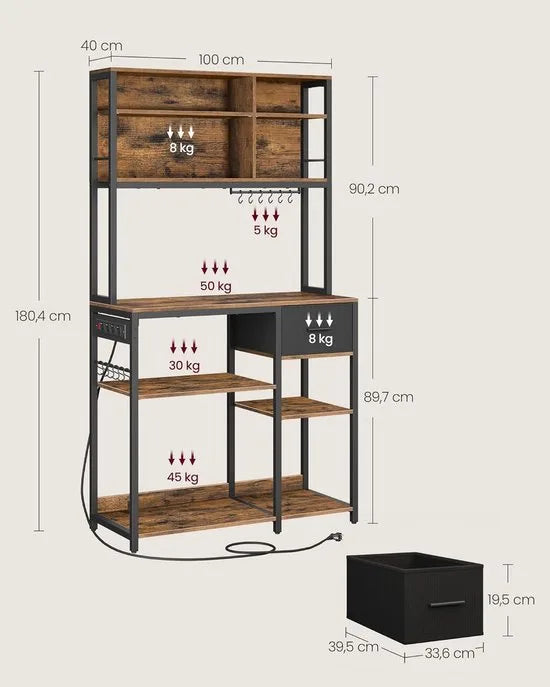 FurnStar - Keukenplank met stopcontacten - Staande plank - Magnetronplank - Verstelbare planken - Stoffen lade 12 haken - 40 x 100 x 180 cm - Magnetron Keuken - Vintage Bruin - Inkt Zwart