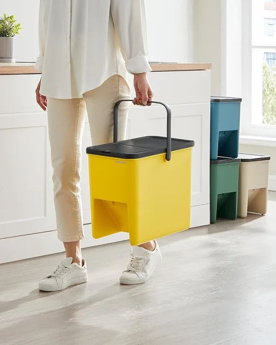 Furnstar Keukenprullenbak Set van 4 – Stapelbare Prullenbakken 20L per stuk – Afvalscheidingssysteem – Scharnierend Deksel – Met Stickers – Geel, Blauw, Beige & Groen
