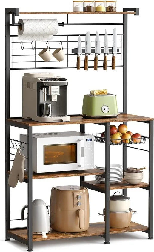 FurnStar - Keukenrek - Staand rek - Werkblad keuken - Keukeneiland met magneetstrip voor messen - Draadmand - Keukenrolhouder - 12 haken - Ebbenhout - VintaGEbruin + Zwart.