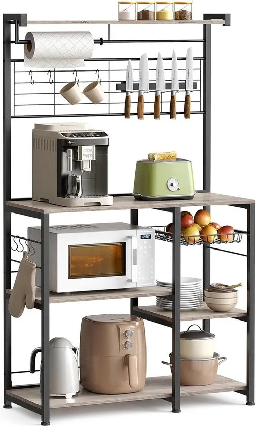 FurnStar - Keukenrek - staand rek - werkblad keuken - keukeneiland met magneetstrip voor messen - draadmand - keukenrolhouder - 12 haken - ebbenhout - Grijs + Zwart