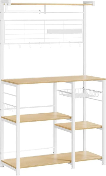 FurnStar - Keukenrek - Staand rek - Werkblad keuken - Keukeneiland met magneetstrip voor messen - Draadmand - Keukenrolhouder - 12 haken - Ebbenhout - Wit