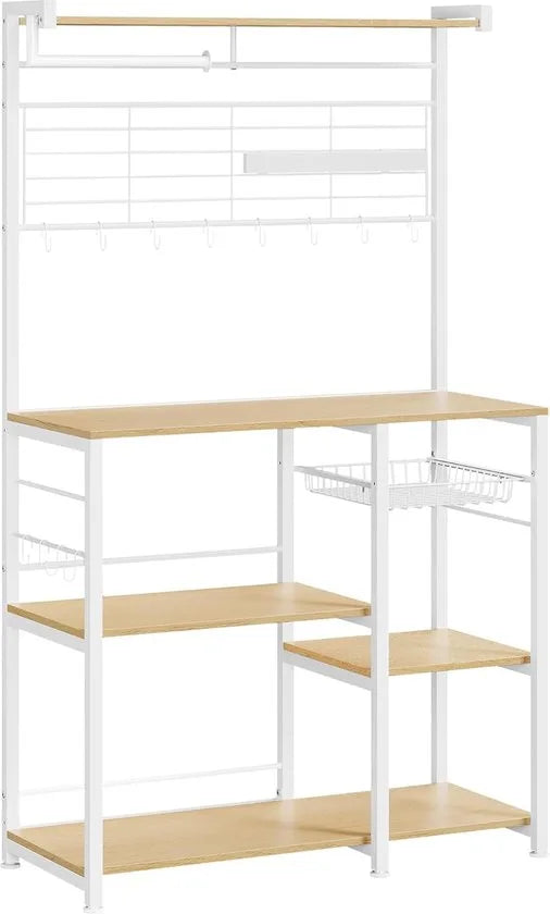 FurnStar - Keukenrek - Staand rek - Werkblad keuken - Keukeneiland met magneetstrip voor messen - Draadmand - Keukenrolhouder - 12 haken - Ebbenhout - Wit