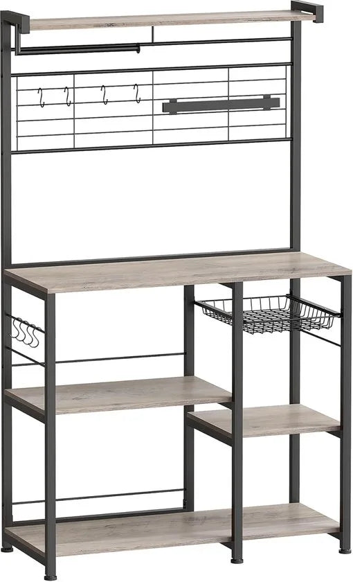 FurnStar - Keukenrek - staand rek - werkblad keuken - keukeneiland met magneetstrip voor messen - draadmand - keukenrolhouder - 12 haken - ebbenhout - Grijs + Zwart