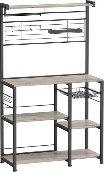 FurnStar - Keukenrek - staand rek - werkblad keuken - keukeneiland met magneetstrip voor messen - draadmand - keukenrolhouder - 12 haken - ebbenhout - Grijs + Zwart