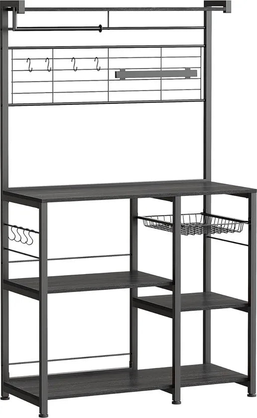 FurnStar - Keukenrek - Staand rek - Werkblad keuken - Keukeneiland met magneetstrip voor messen - Draadmand - Keukenrolhouder - 12 haken - Ebbenhout - Wit – Zwart
