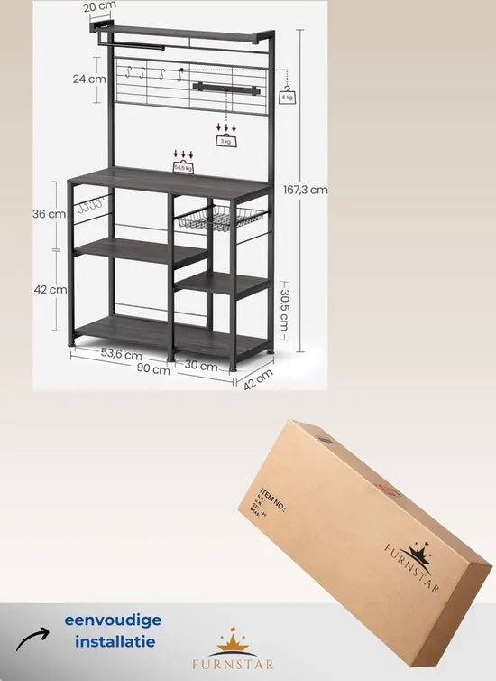 FurnStar - Keukenrek - Staand rek - Werkblad keuken - Keukeneiland met magneetstrip voor messen - Draadmand - Keukenrolhouder - 12 haken - Ebbenhout - Wit – Zwart
