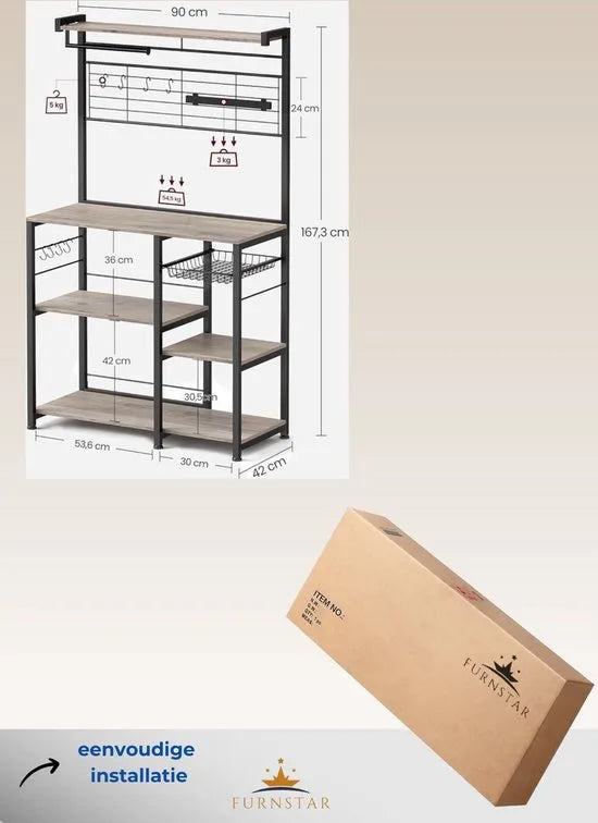 FurnStar - Keukenrek - staand rek - werkblad keuken - keukeneiland met magneetstrip voor messen - draadmand - keukenrolhouder - 12 haken - ebbenhout - Grijs + Zwart