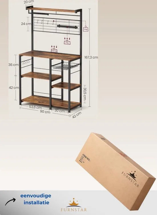 FurnStar - Keukenrek - Staand rek - Werkblad keuken - Keukeneiland met magneetstrip voor messen - Draadmand - Keukenrolhouder - 12 haken - Ebbenhout - VintaGEbruin + Zwart.
