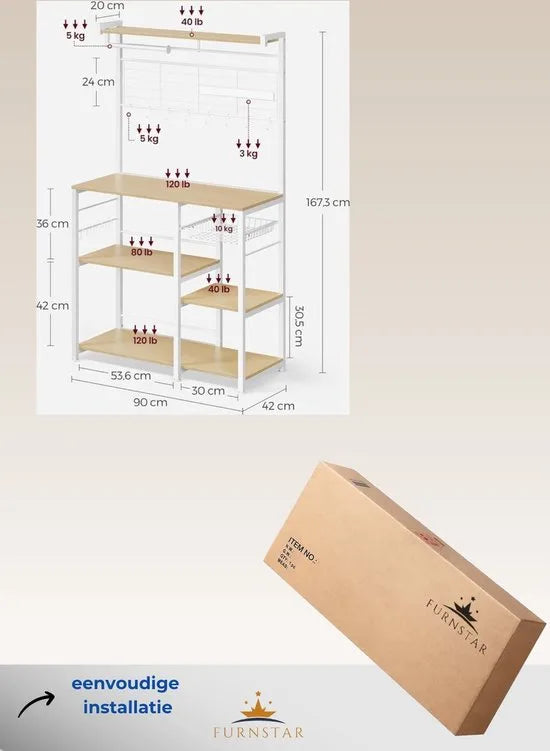 FurnStar - Keukenrek - Staand rek - Werkblad keuken - Keukeneiland met magneetstrip voor messen - Draadmand - Keukenrolhouder - 12 haken - Ebbenhout - Wit