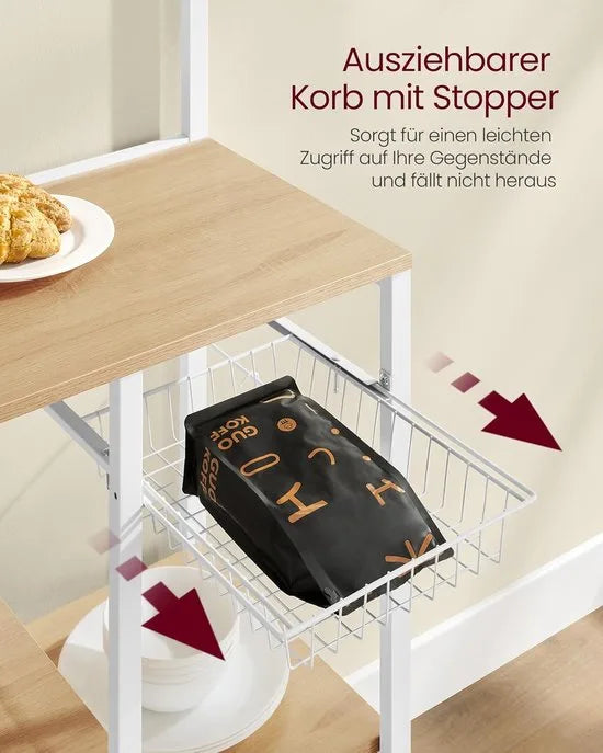 FurnStar - Keukenrek - Staand rek - Werkblad keuken - Keukeneiland met magneetstrip voor messen - Draadmand - Keukenrolhouder - 12 haken - Ebbenhout - Wit
