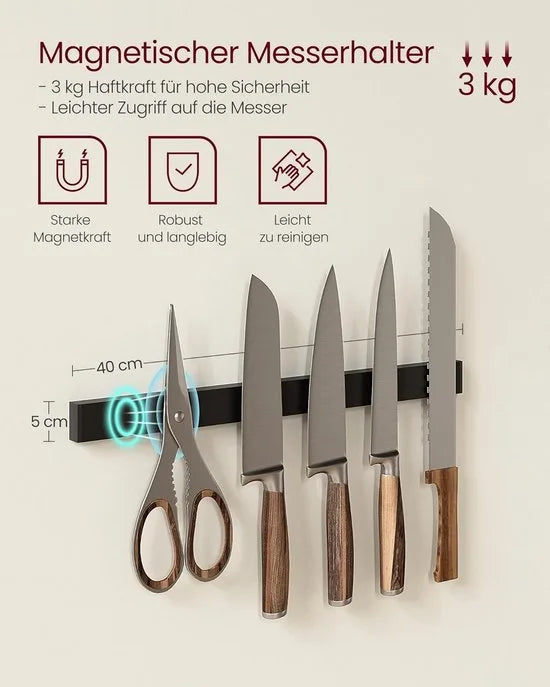 FurnStar - Keukenrek - Staand rek - Werkblad keuken - Keukeneiland met magneetstrip voor messen - Draadmand - Keukenrolhouder - 12 haken - Ebbenhout - VintaGEbruin + Zwart.
