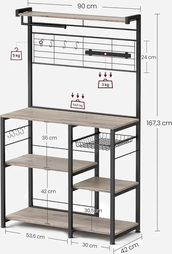 FurnStar - Keukenrek - staand rek - werkblad keuken - keukeneiland met magneetstrip voor messen - draadmand - keukenrolhouder - 12 haken - ebbenhout - Grijs + Zwart