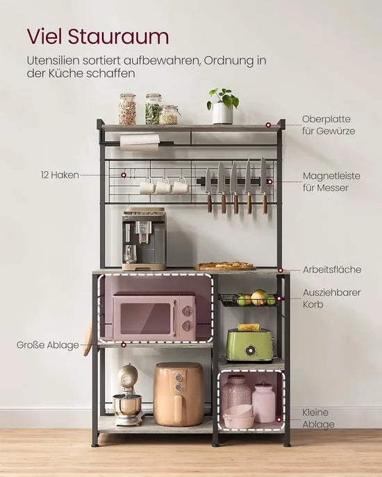 FurnStar - Keukenrek - staand rek - werkblad keuken - keukeneiland met magneetstrip voor messen - draadmand - keukenrolhouder - 12 haken - ebbenhout - Grijs + Zwart