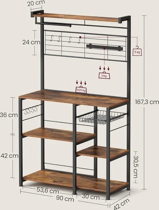 FurnStar - Keukenrek - Staand rek - Werkblad keuken - Keukeneiland met magneetstrip voor messen - Draadmand - Keukenrolhouder - 12 haken - Ebbenhout - Wit – Vintabruin + zwart.